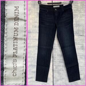 Chicos Platinum Denim Embellished Rhinestone Dark Wash Slim Leg‎ Jeans Womens 00